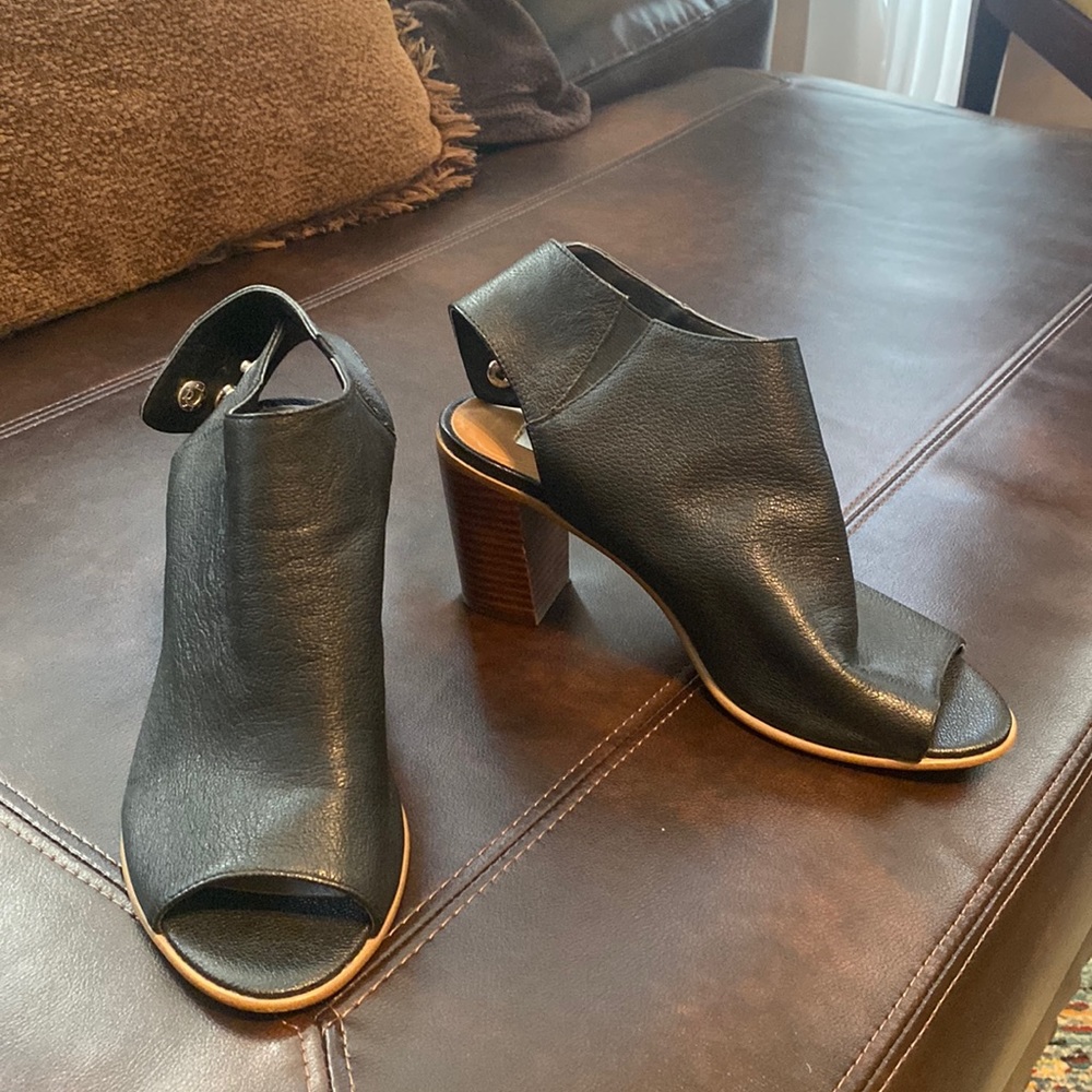 Black Leather Peep Toe Block Heels